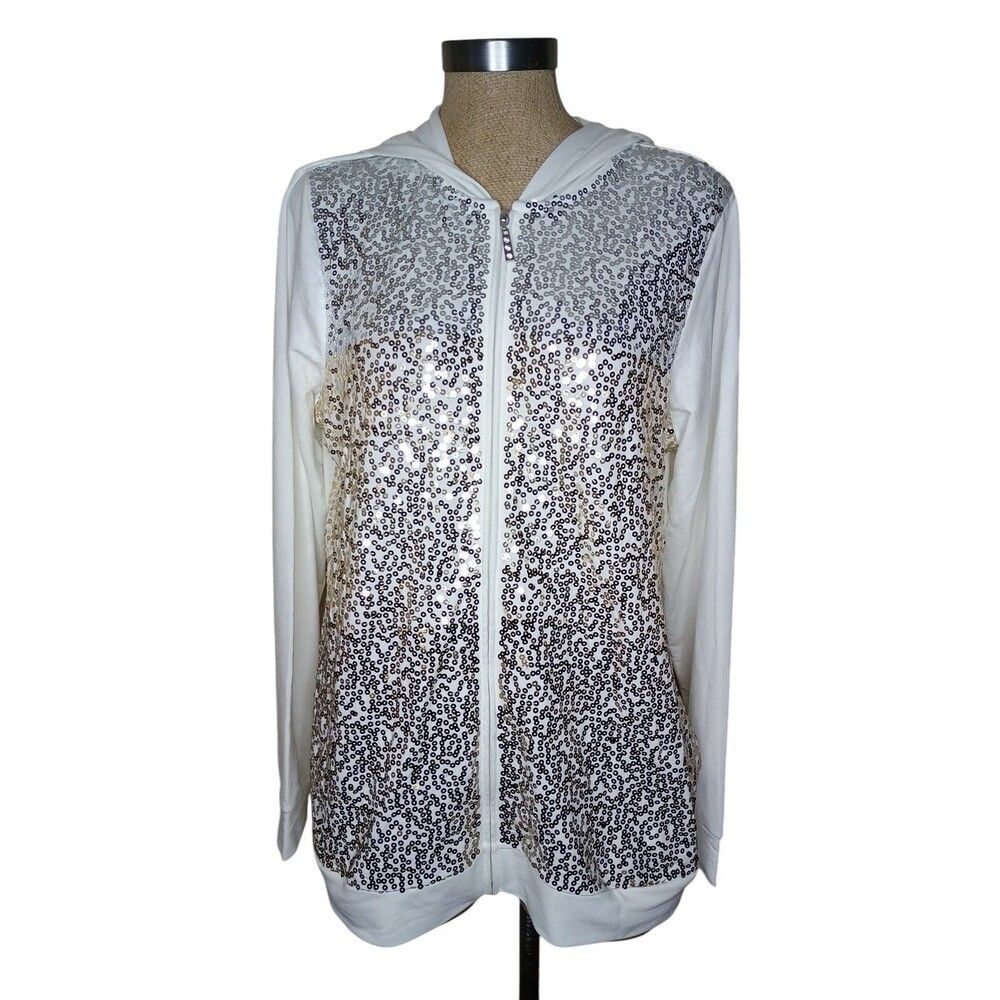 Quacker Factory Hoodie Sweater Womens Sz M Zip Front White Silver+Gold Sequins